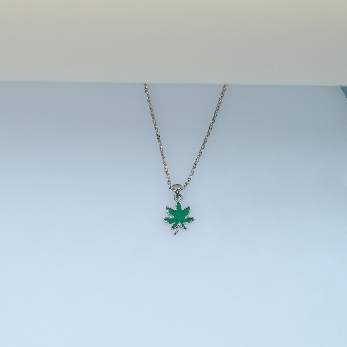 Green Enamel Delicate Pot Leaf Necklace