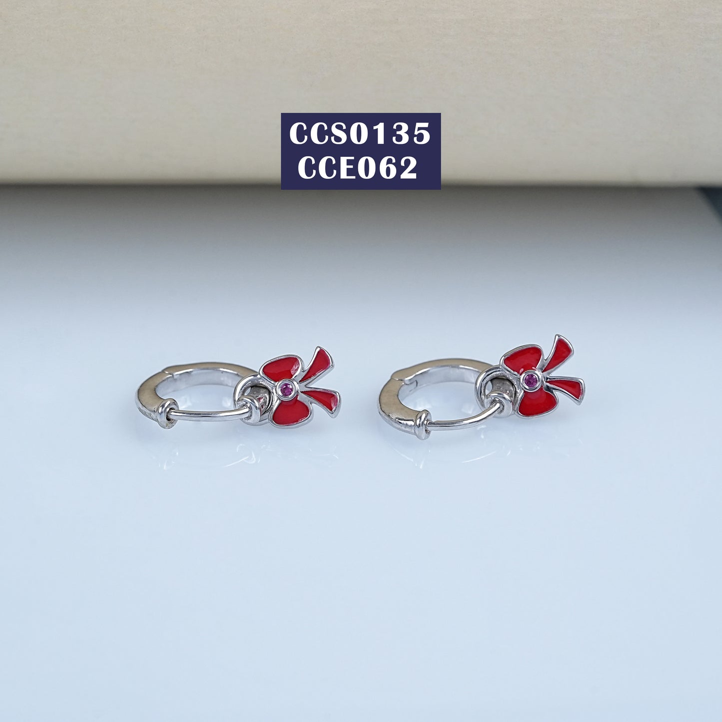 Red Enamel Bow Style Hoop Earrings