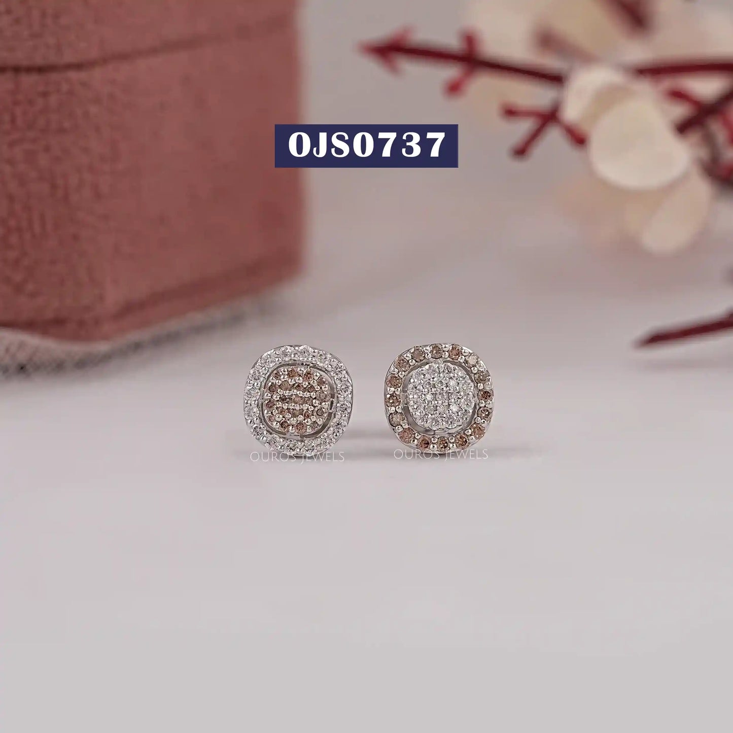Chocolate Round Cut Halo Diamond Stud Earring