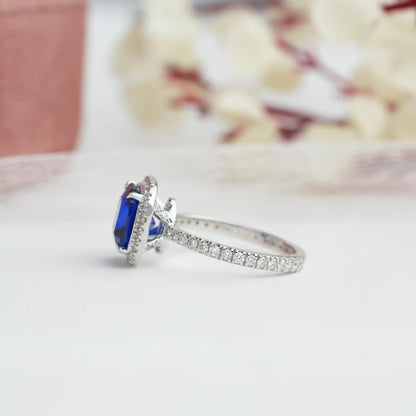 Sapphire Cushion Cut Lab Diamond Halo Engagement Ring