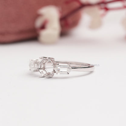 Elongated Hexagon Three Stone Mount  Ring