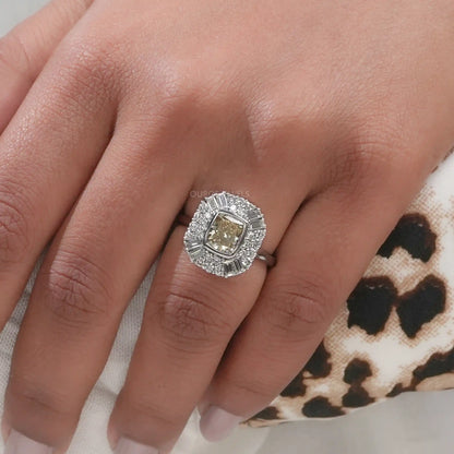 Yellow Cushion  Cut  Baguette Halo  Engagement  Ring