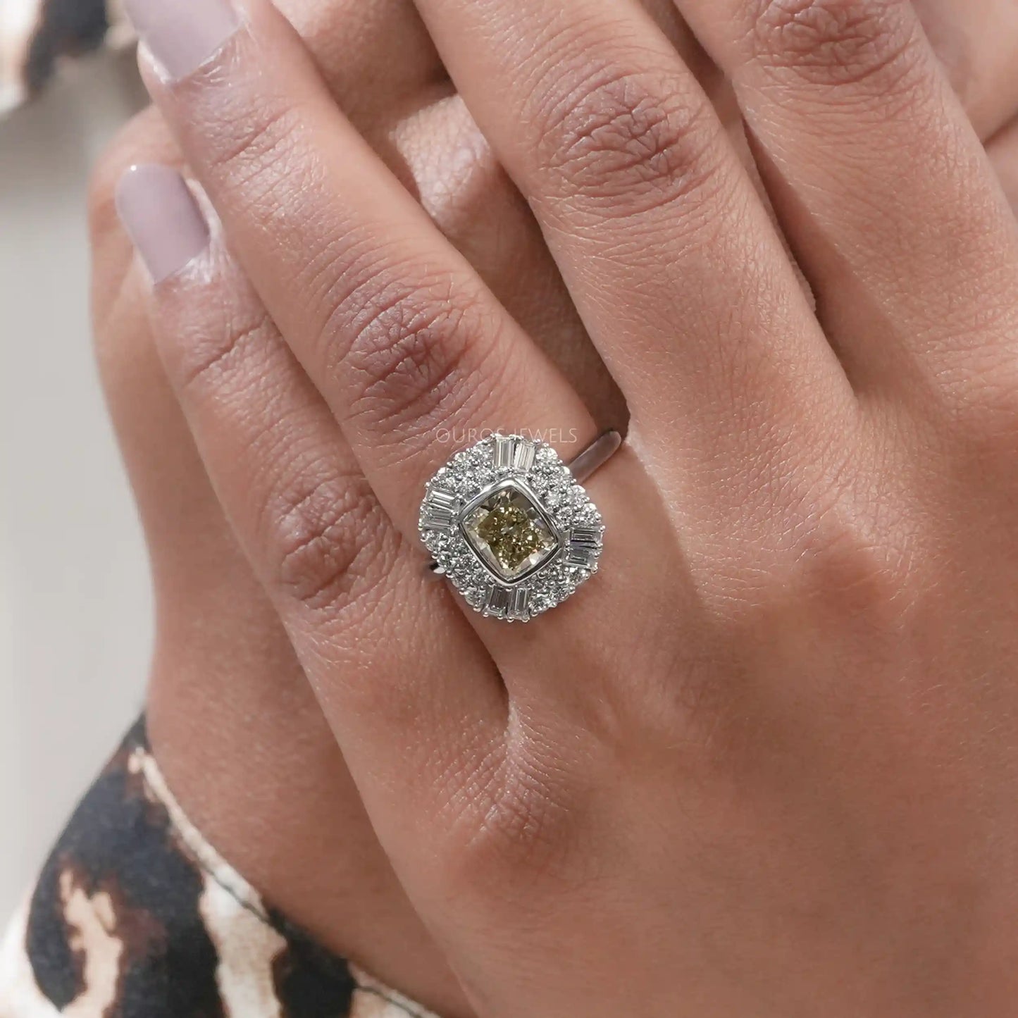 Yellow Cushion  Cut  Baguette Halo  Engagement  Ring