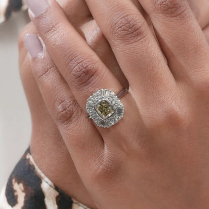 Yellow Cushion  Cut  Baguette Halo  Engagement  Ring