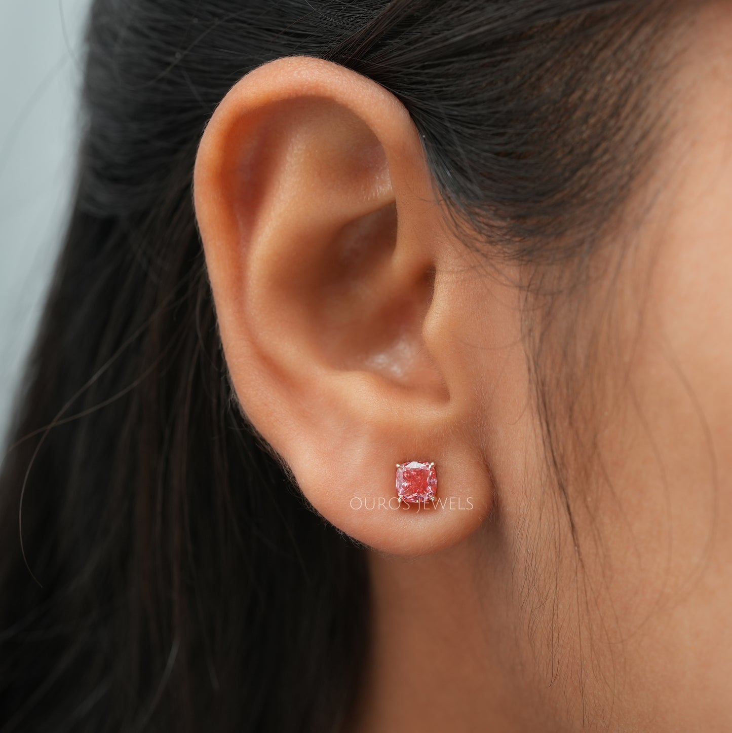 Pink Cushion Cut Lab Diamond  Stud