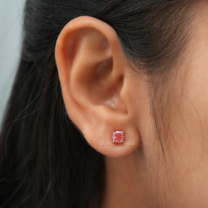 Pink Cushion Cut Lab Diamond  Stud