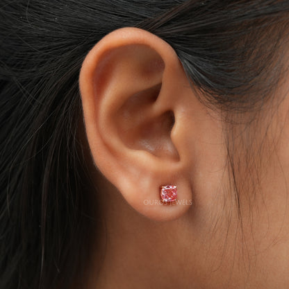 Pink Cushion Cut Lab Diamond  Stud
