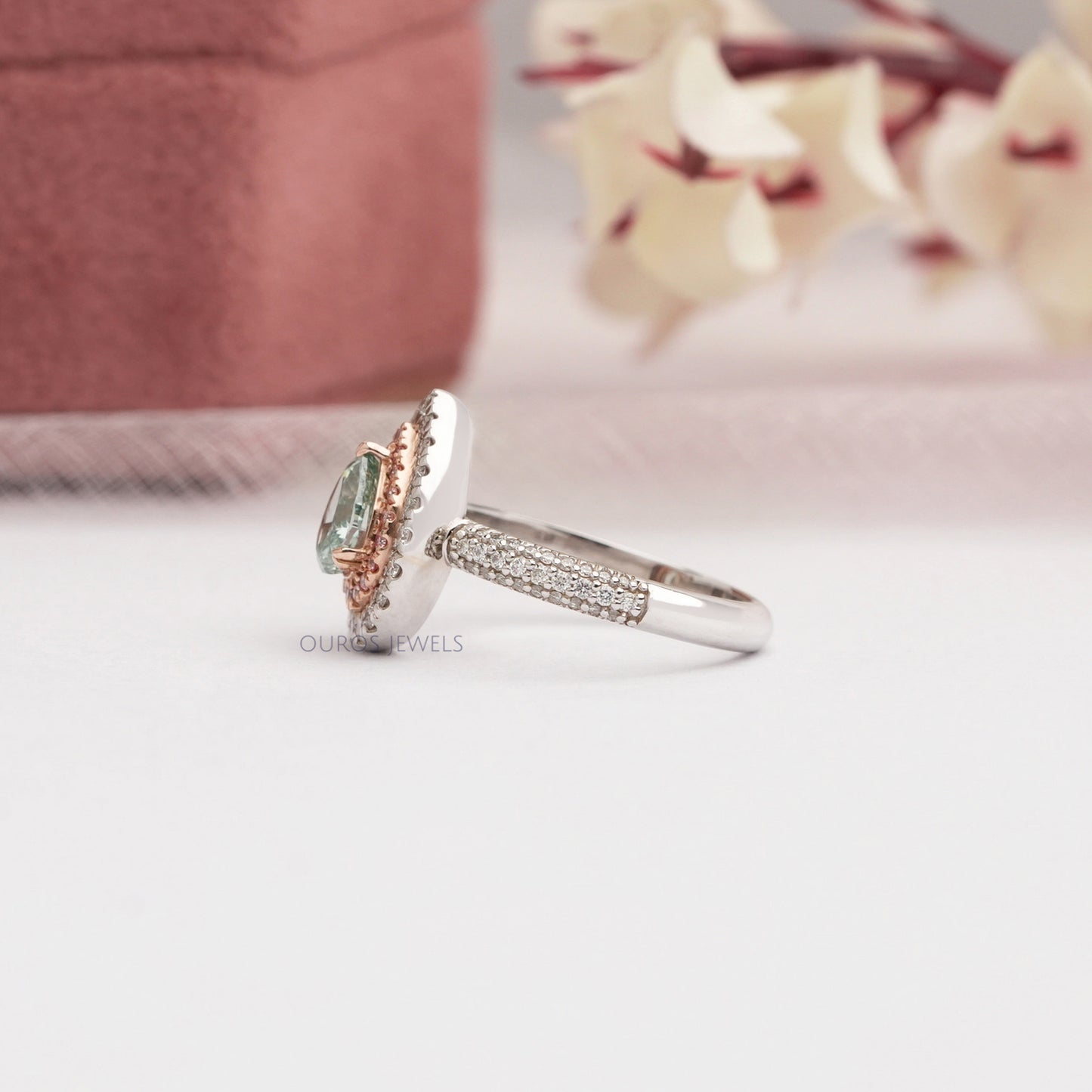 Green  Pear Cut  Double  Halo  Ring