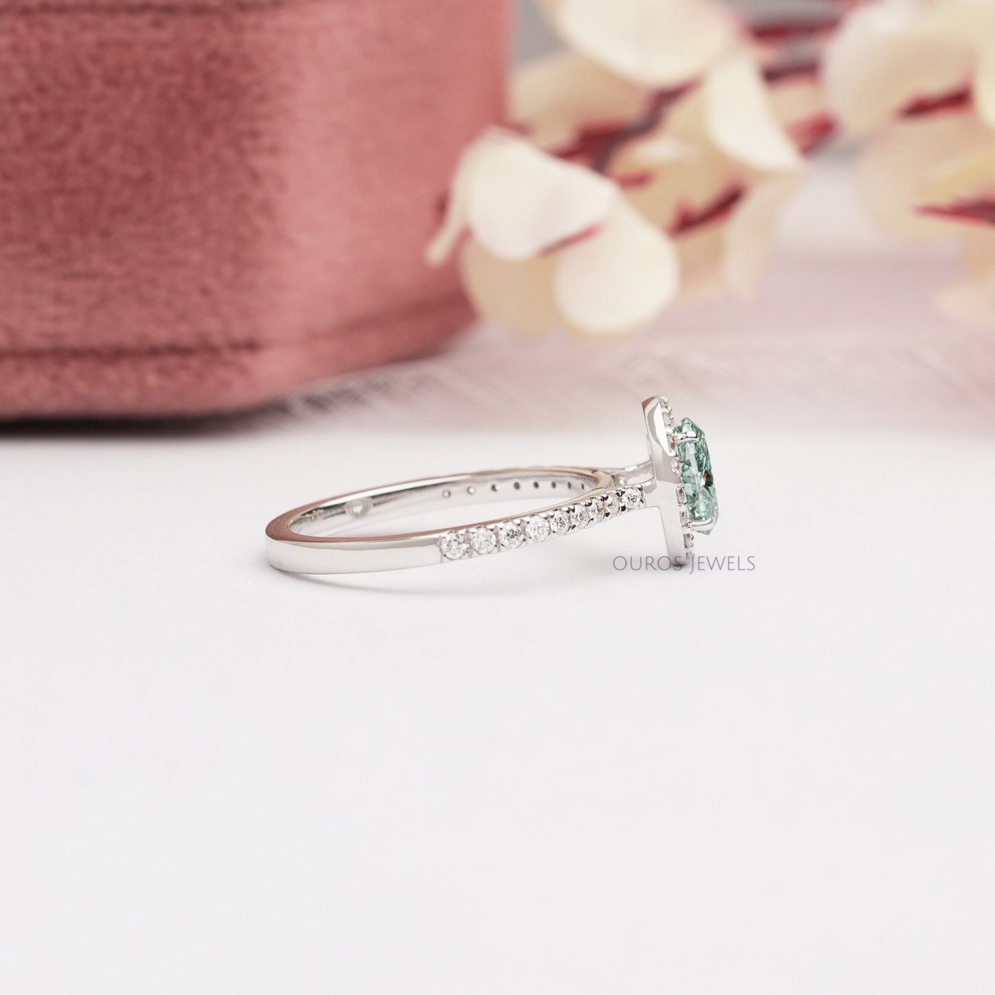 Green  Oval  Cut Halo With  Accent  Diamond  Ring