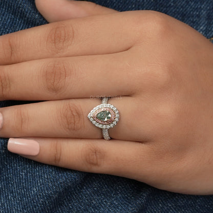 Green  Pear Cut  Double  Halo  Ring