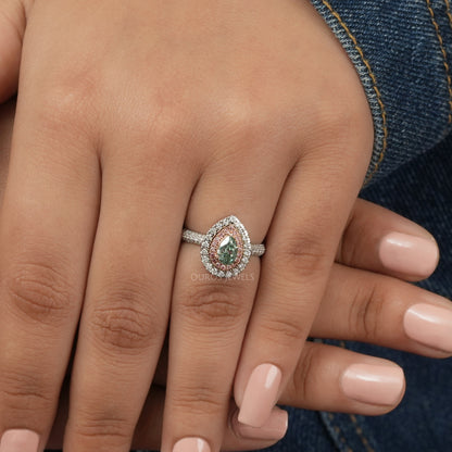 Green  Pear Cut  Double  Halo  Ring
