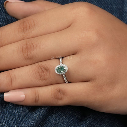 Green  Oval  Cut Halo With  Accent  Diamond  Ring