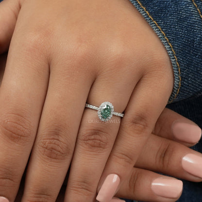 Green  Oval  Cut Halo With  Accent  Diamond  Ring