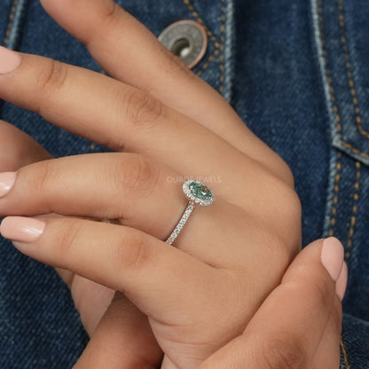 Green  Oval  Cut Halo With  Accent  Diamond  Ring