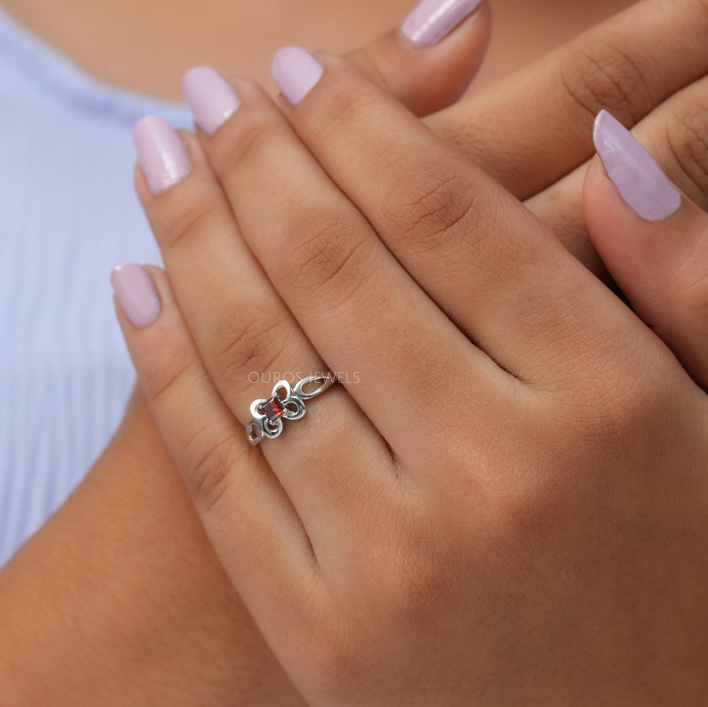 Red Asscher Cut  Lab Diamond  Dainty Ring