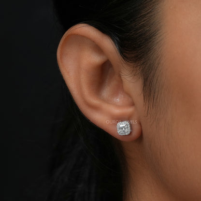 Asscher Cut Lab Halo Stud Earrings