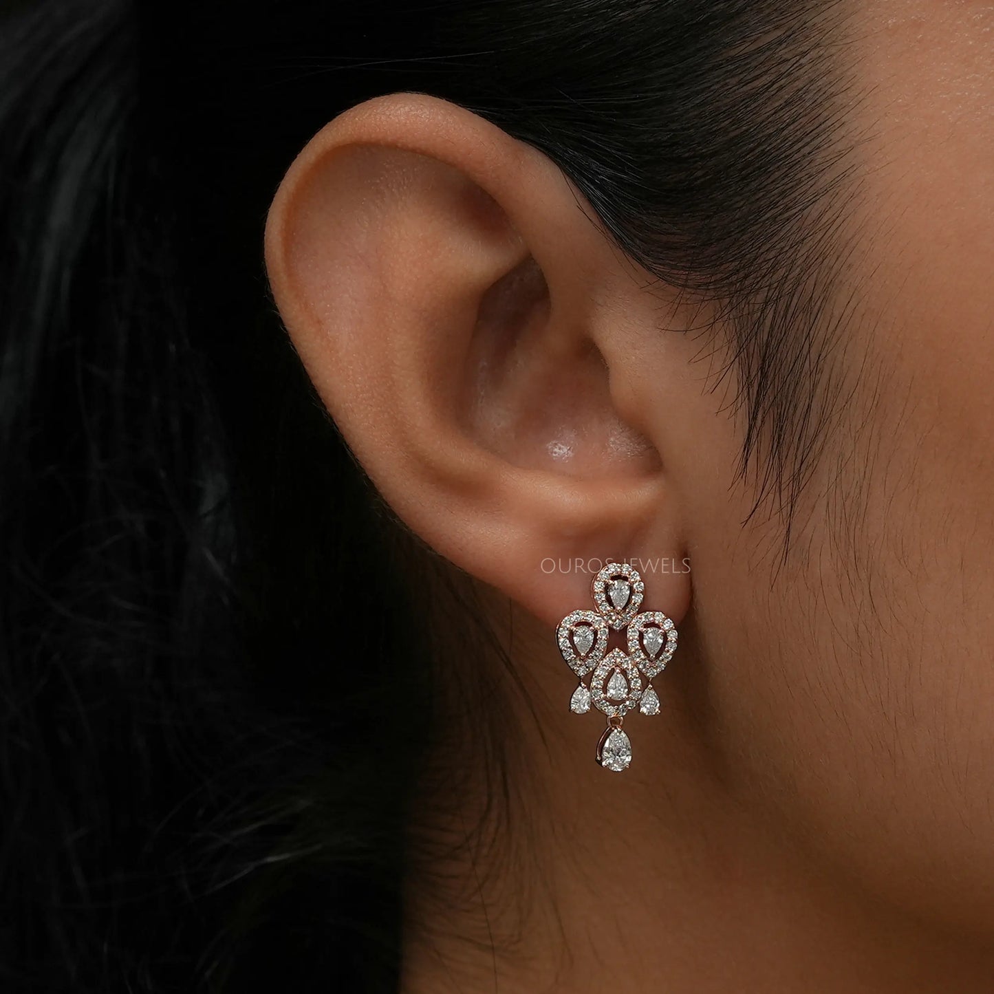 Rose Gold  Pear Cut Halo Earrings