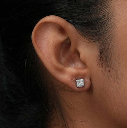 Princess Cut Halo  Stud  Earrings