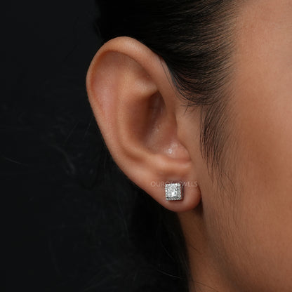 Princess Cut Halo  Stud  Earrings
