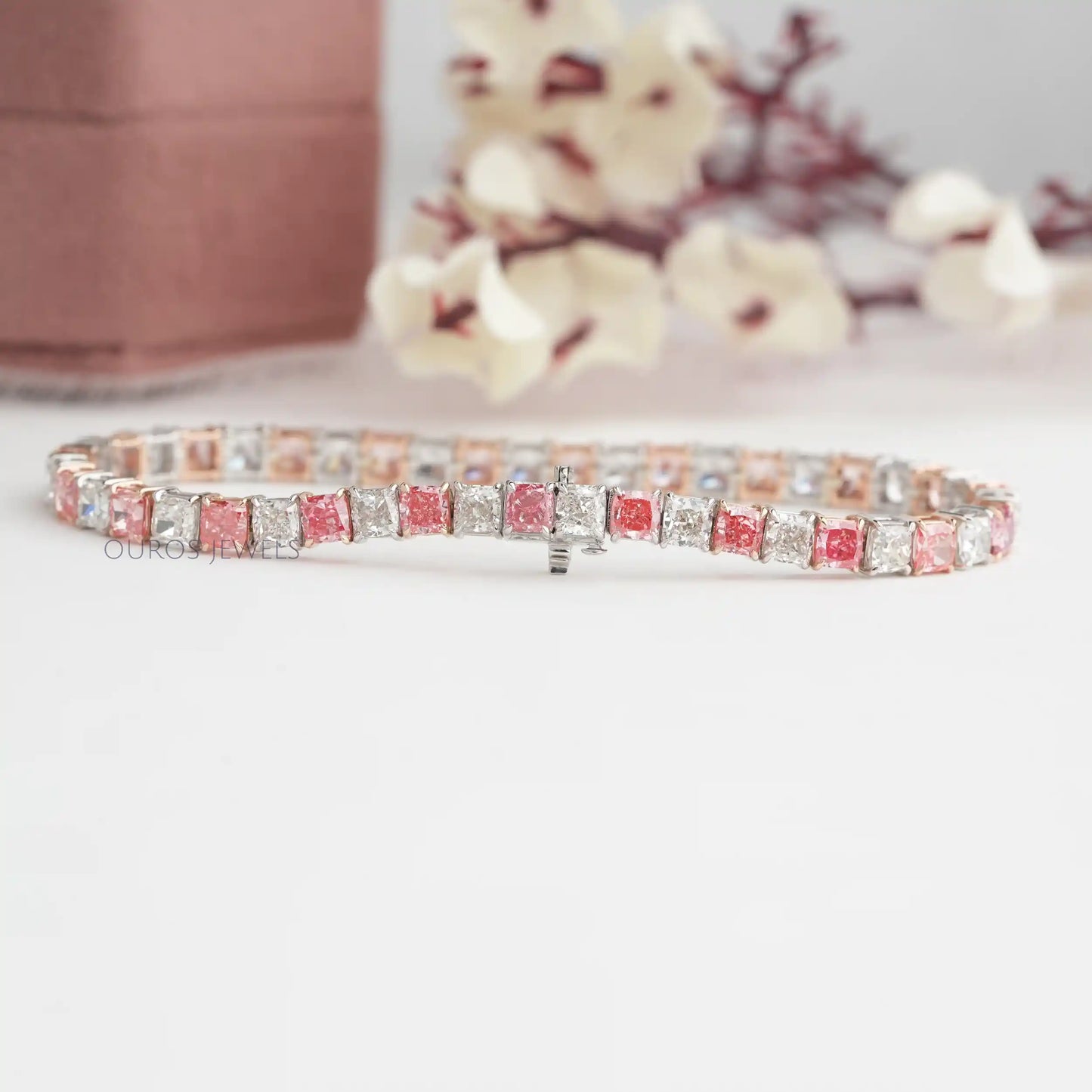 Pink  Cushion Cut  Diamond  Tennis Bracelet