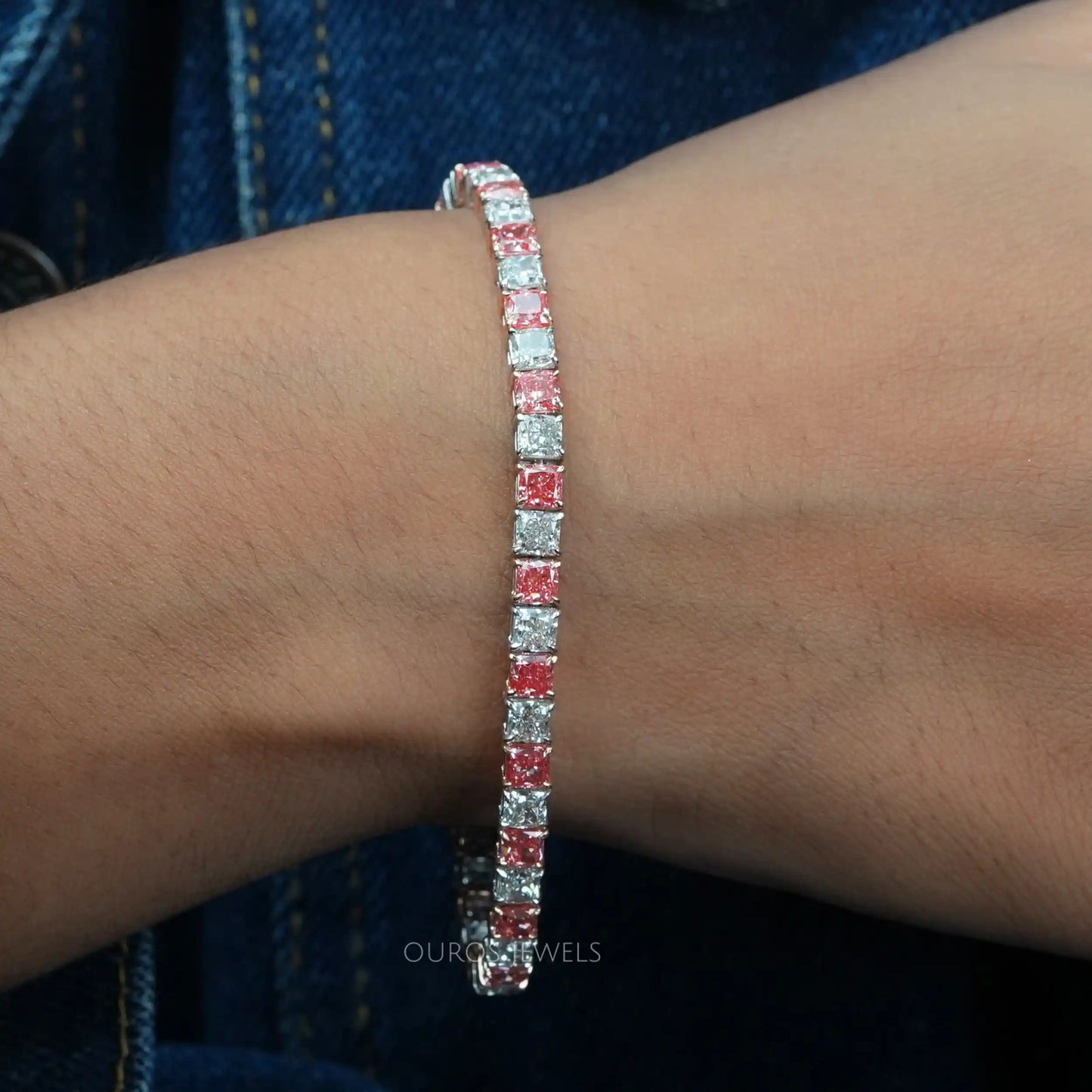 Pink  Cushion Cut  Diamond  Tennis Bracelet