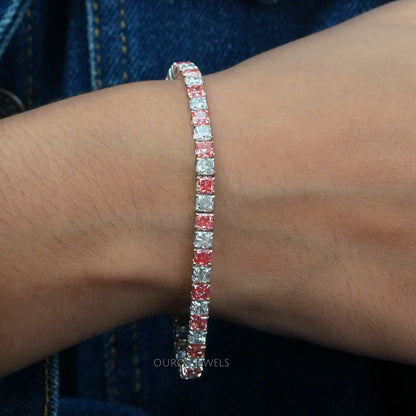 Pink  Cushion Cut  Diamond  Tennis Bracelet