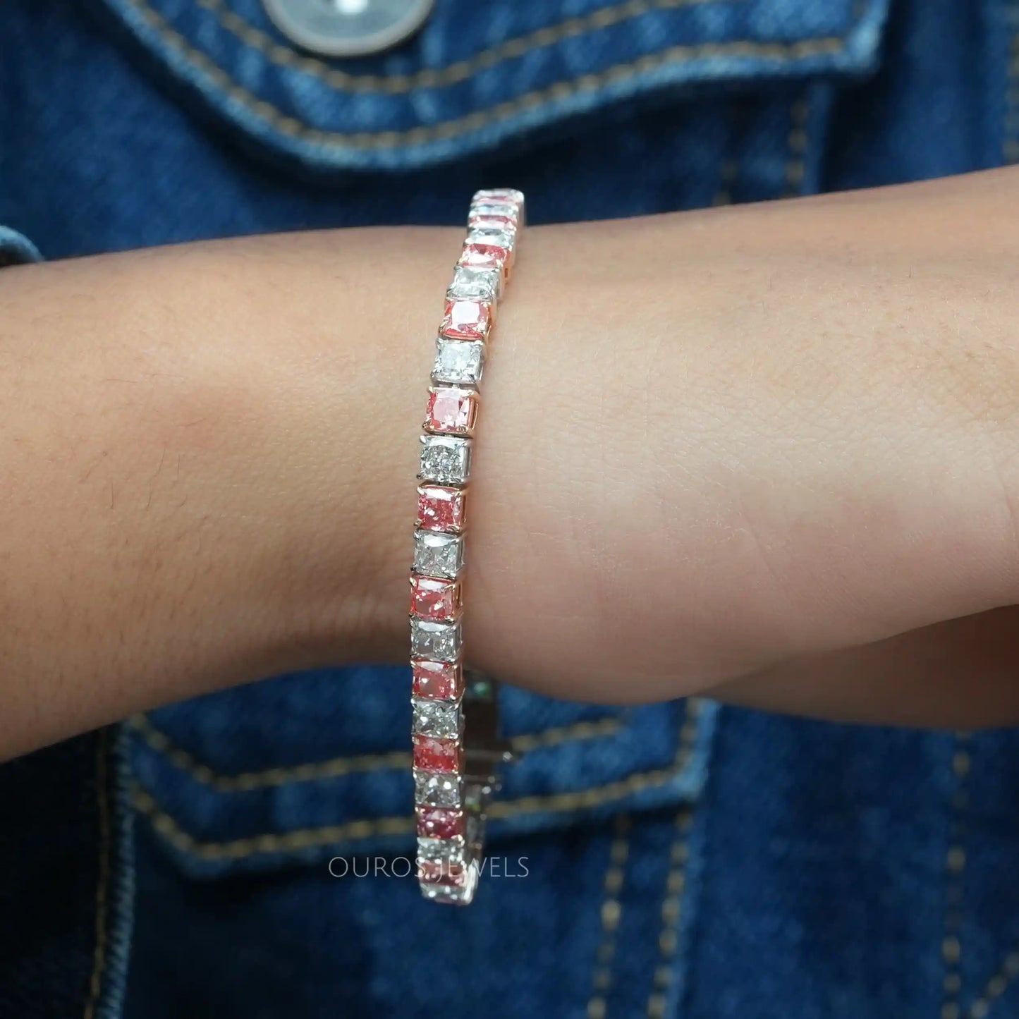 Pink  Cushion Cut  Diamond  Tennis Bracelet