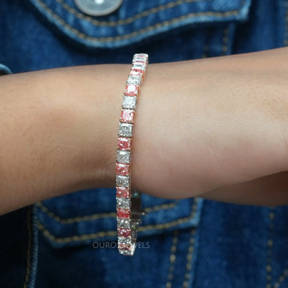 Pink  Cushion Cut  Diamond  Tennis Bracelet