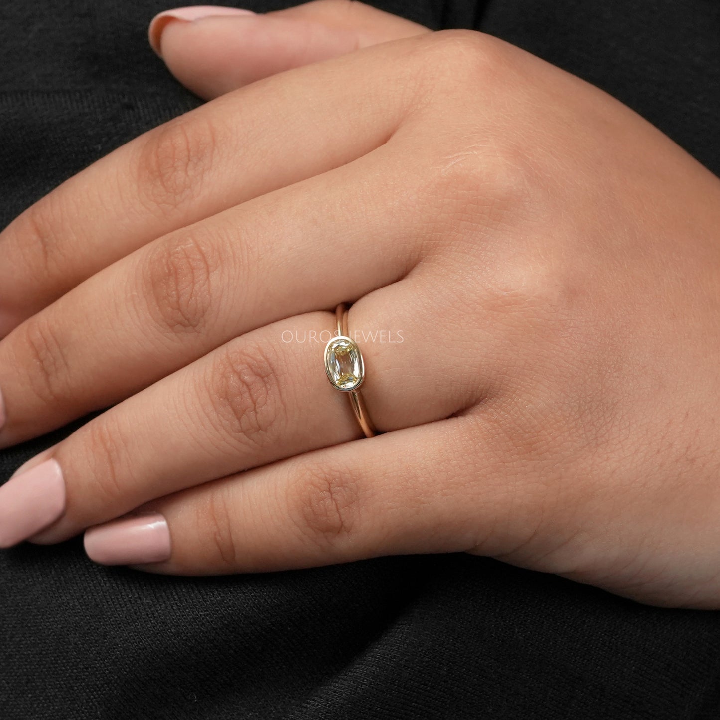 Yellow Old Mine Cushion Diamond Bezel Set Ring