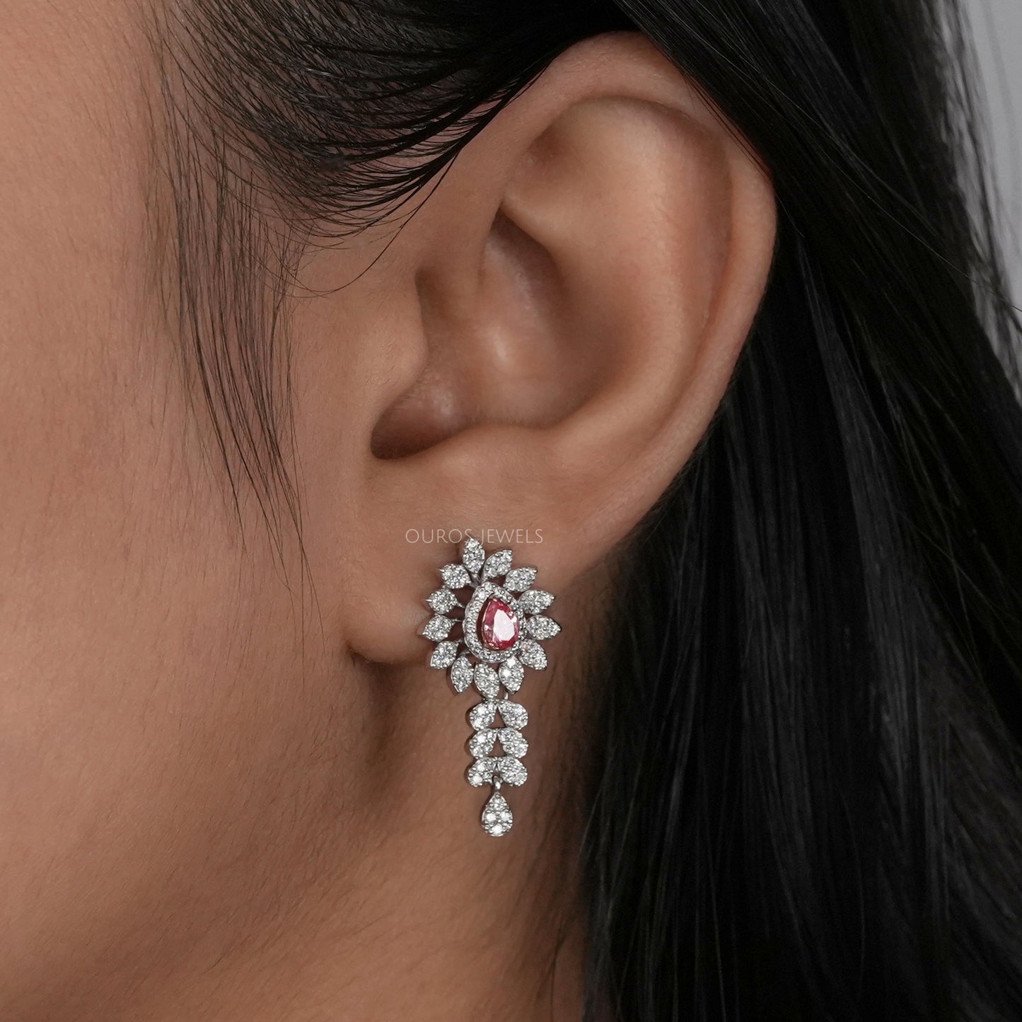 Pink Pear Cut Lab Diamond Bridal  Earrings