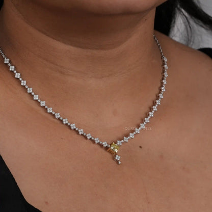 Yellow Princess And  Round Cut Cluster Diamond Necklace