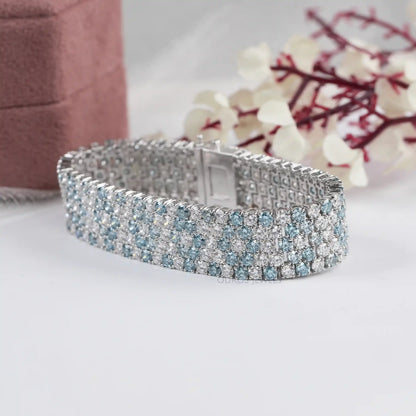 Blue & Round Cut Lab Diamond Wide Bracelet