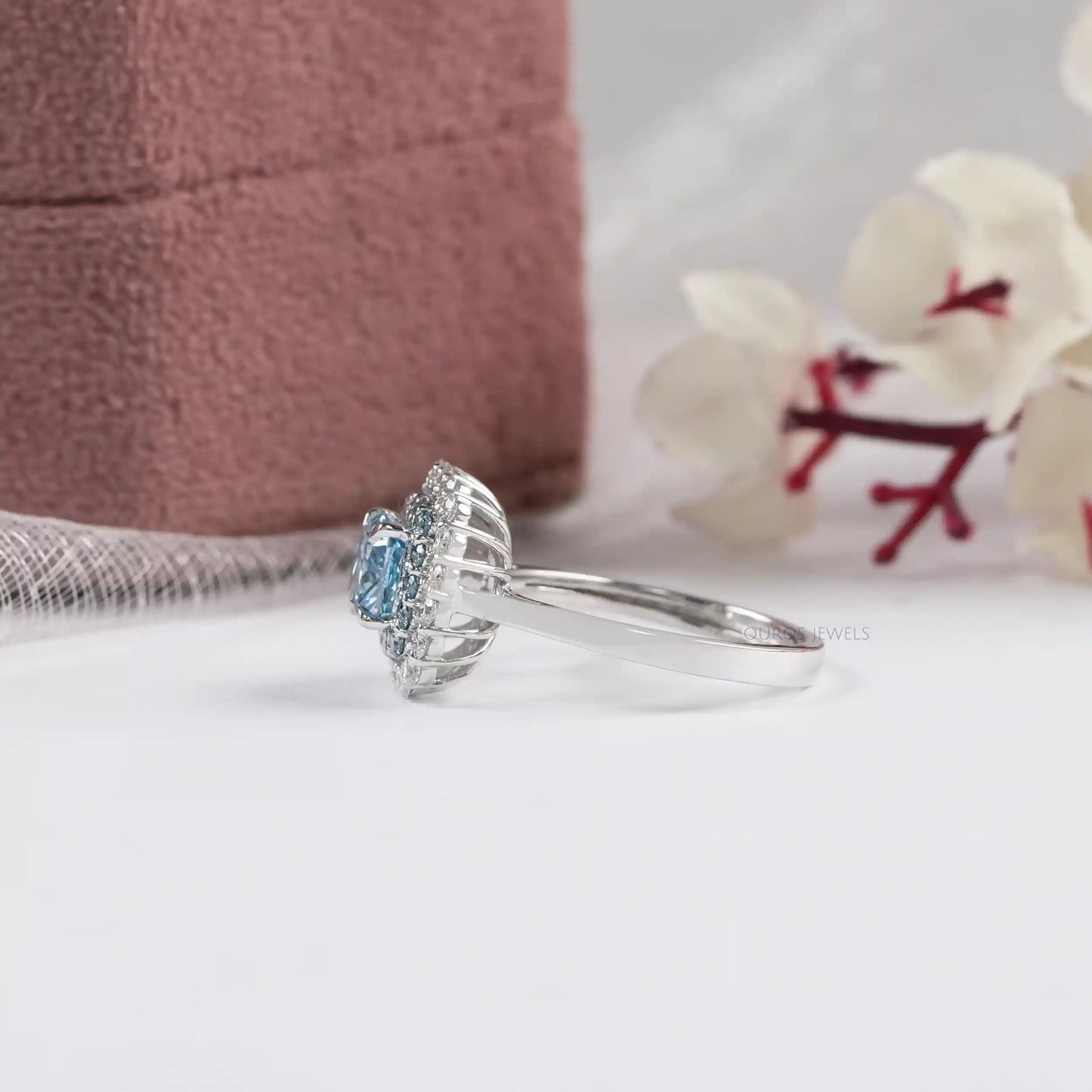 Double  Halo  Blue Cushion Cut Lab Diamond  Engagement  Ring