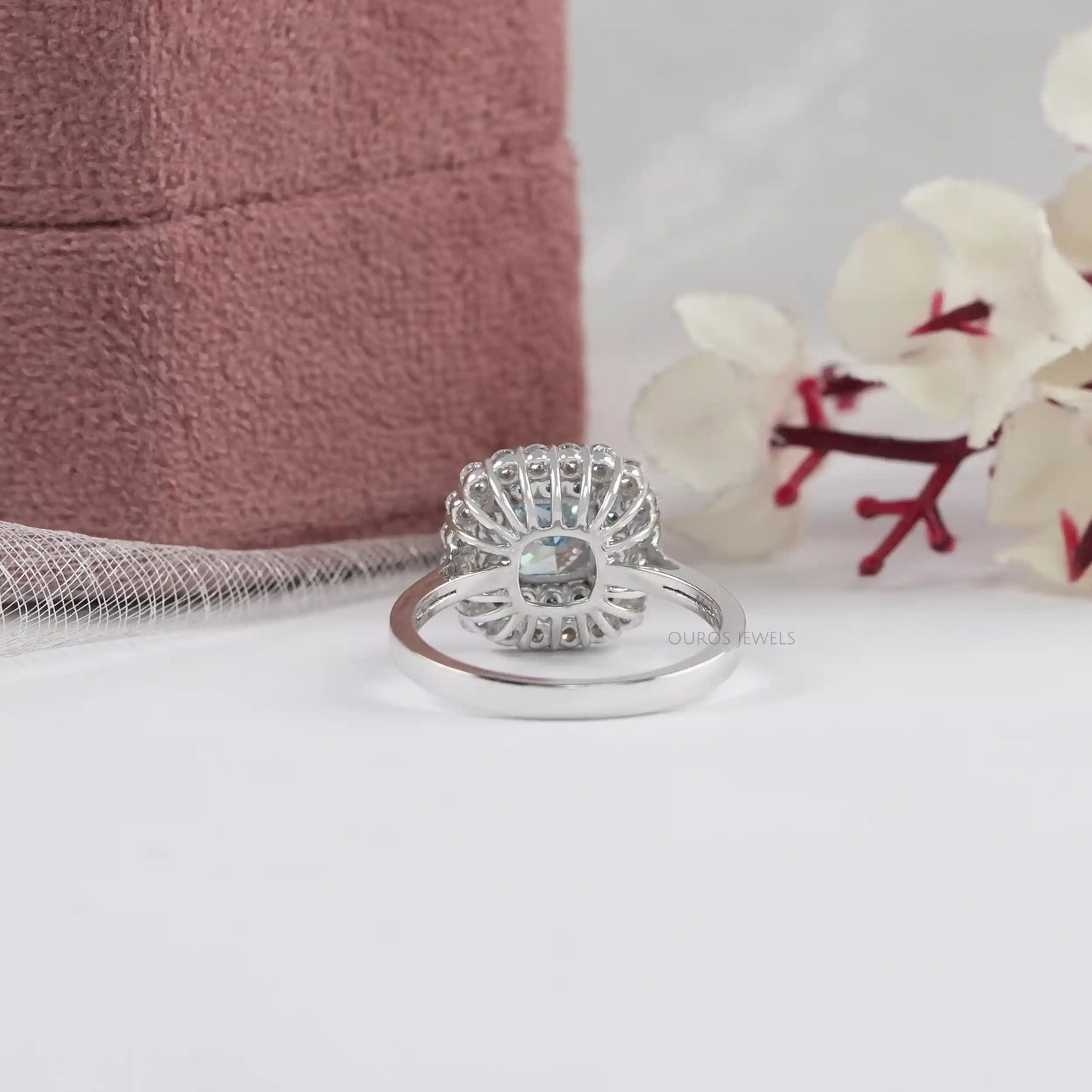 Double  Halo  Blue Cushion Cut Lab Diamond  Engagement  Ring
