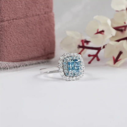 Double  Halo  Blue Cushion Cut Lab Diamond  Engagement  Ring
