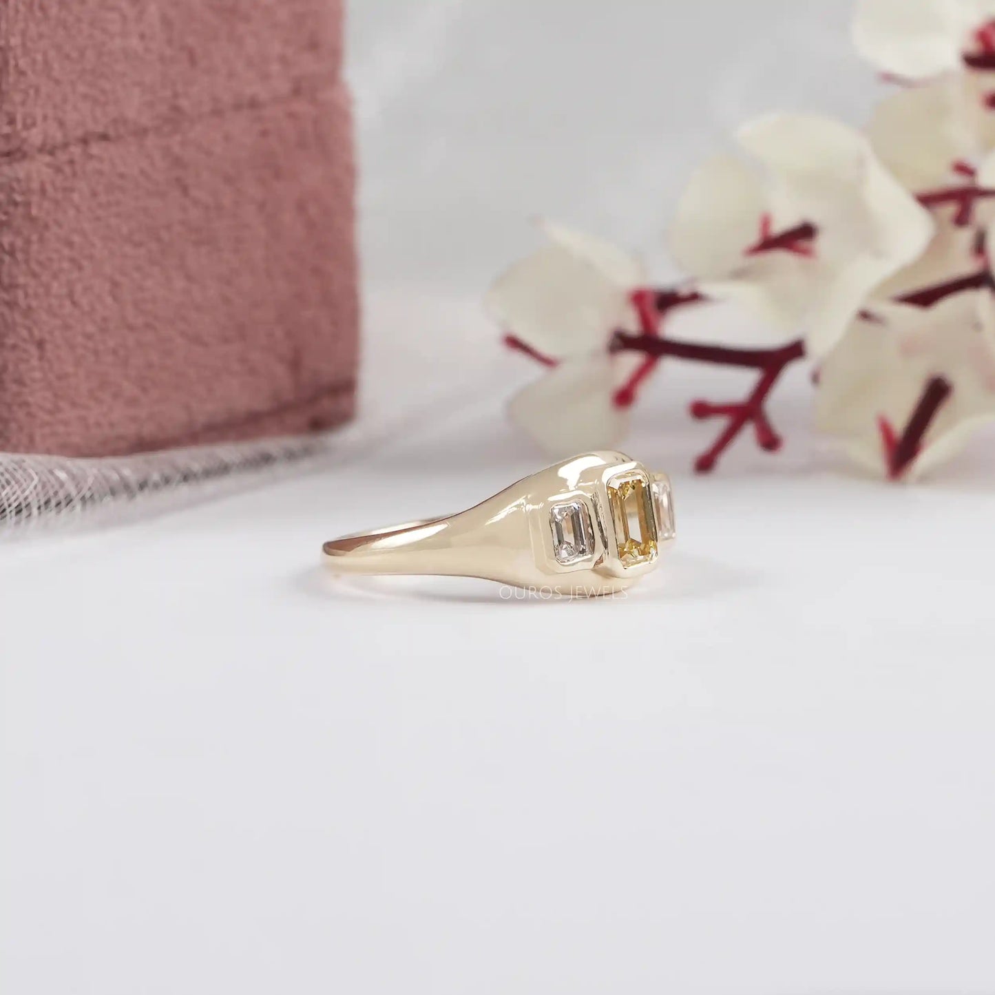 Yellow Emerald  Cut  Bezel  Set Wedding  Ring