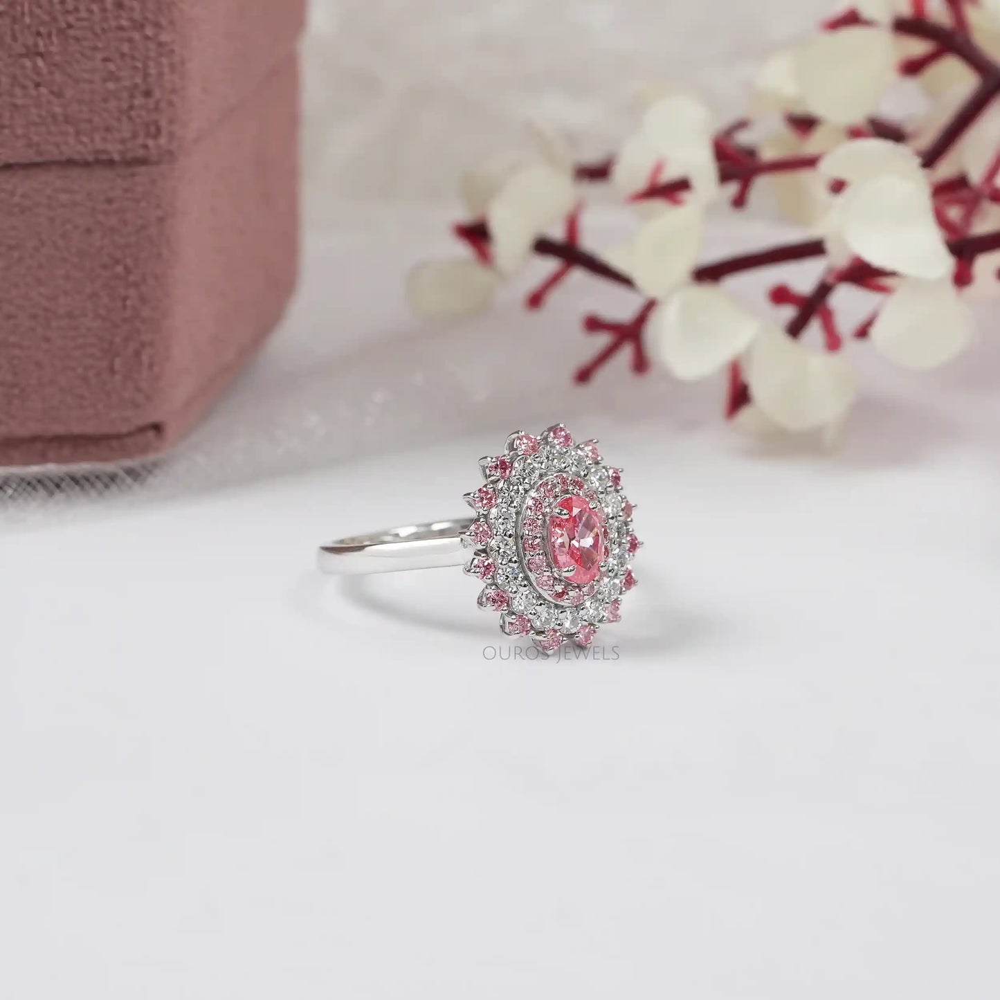 Pink Oval Cut  Halo Diamond  Engagement  Ring
