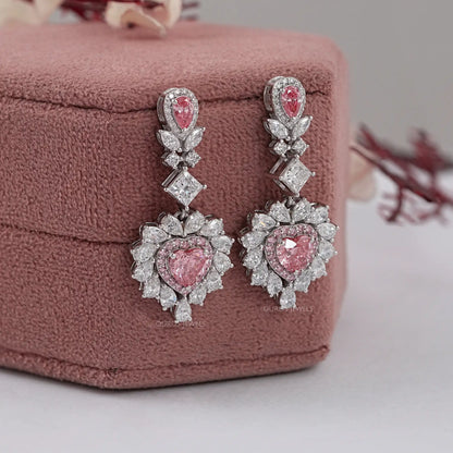 Pink Heart Cut Double Halo Drop Dangle Earring