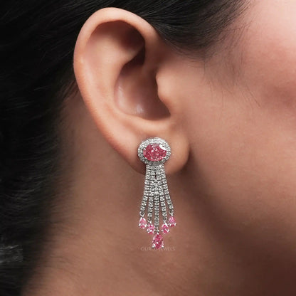 Pink Oval Cut Halo Diamond Chandelier Bridal Earring