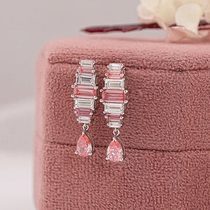 7 Stone Pink Baguette Cut Drop Dangle Earring