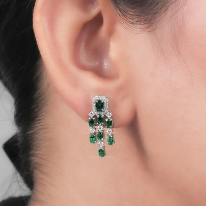 Green Emerald Cut Halo Diamond Chandelier Earrings