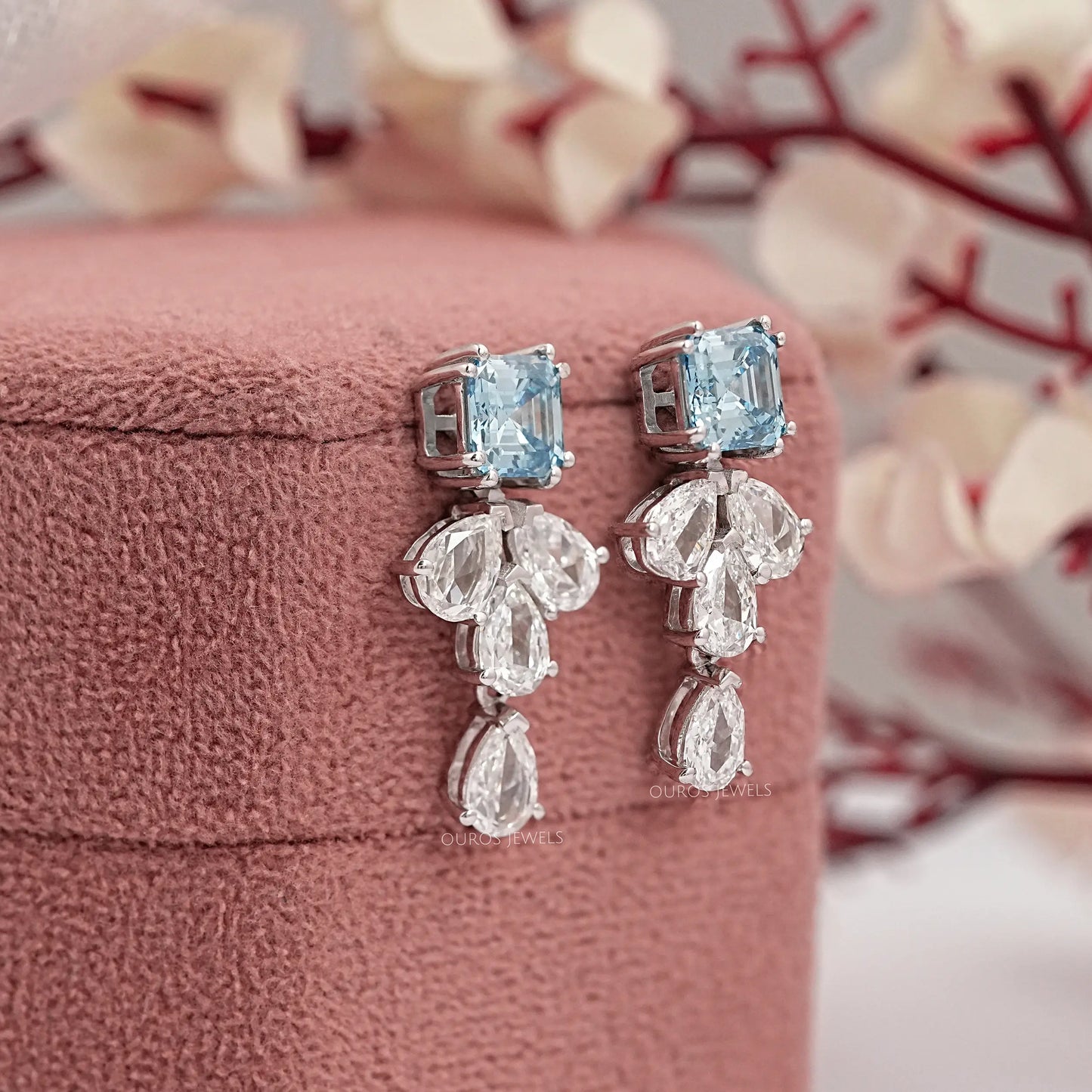 Blue Asscher And Pear Cut Drop Dangle Earring