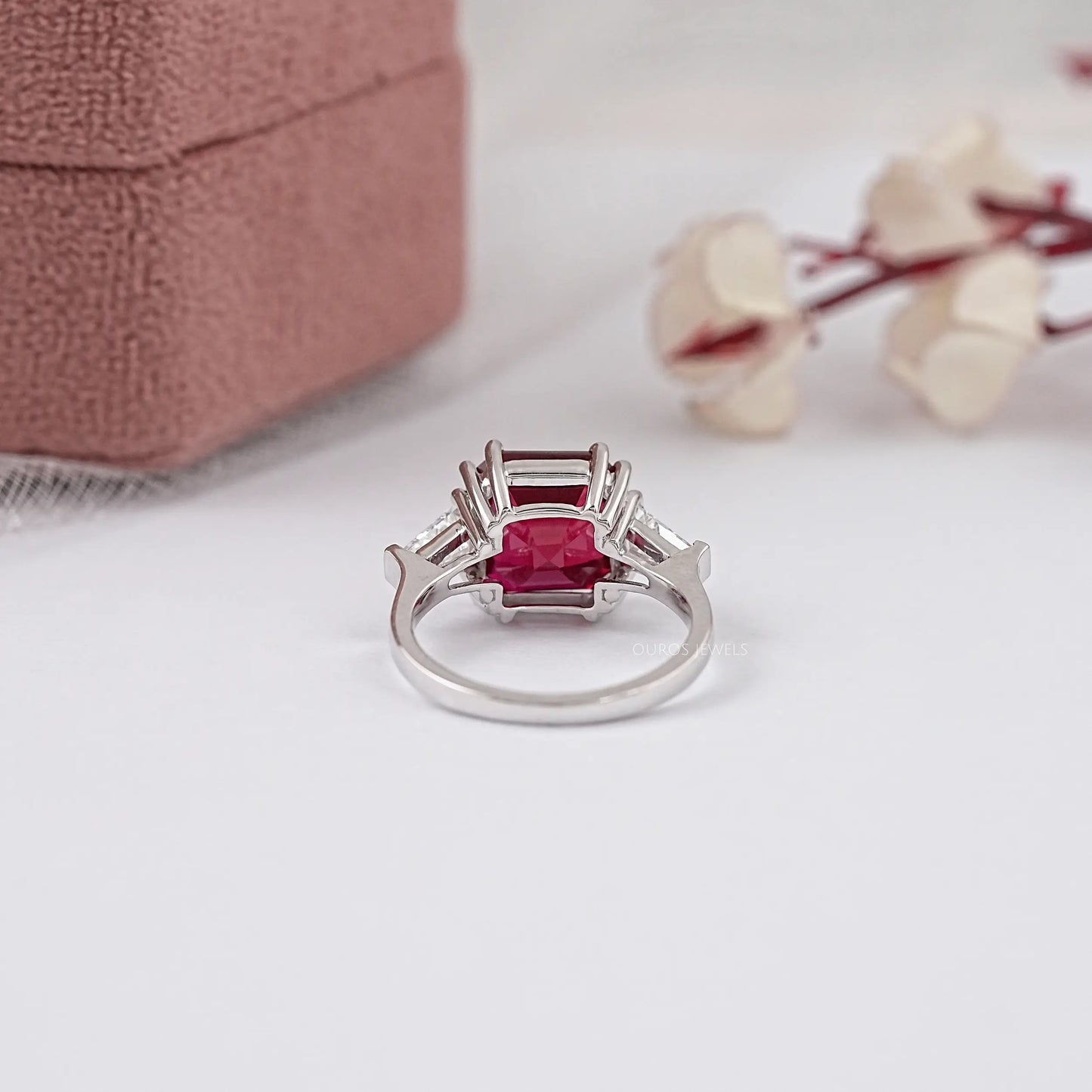 Asscher Cut Red Ruby Gemstone Three Stone Ring