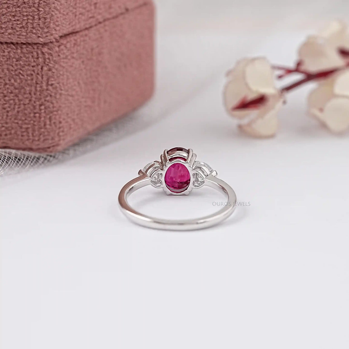 Red Ruby Oval Cut Gemstone Three Stone Ring