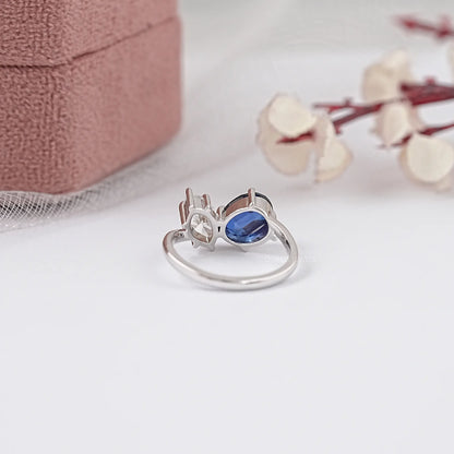 Two Stone Blue Oval Cut Lab Grown Diamond Ring