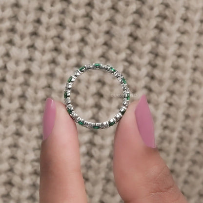 Green Round Cut Lab Diamond Three Row Full Eternity Band