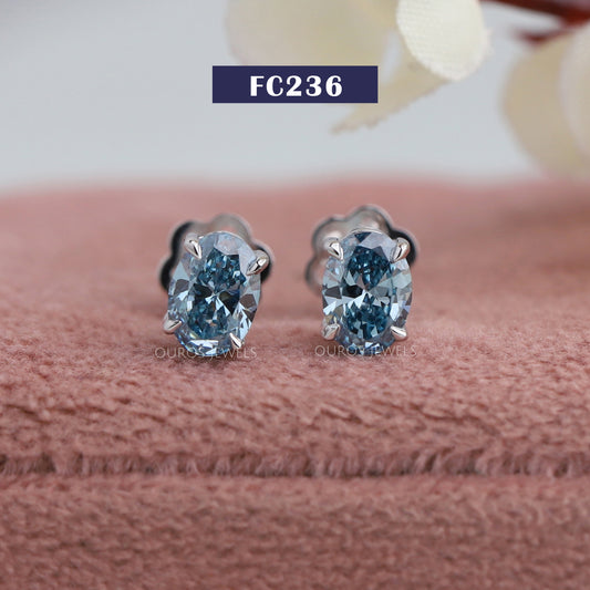 Blue Oval Cut Diamond Stud