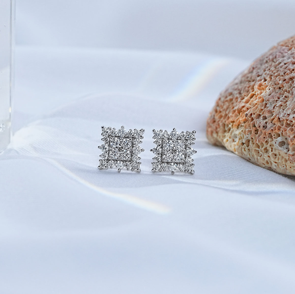 Square Shape Round Cut Halo Stud