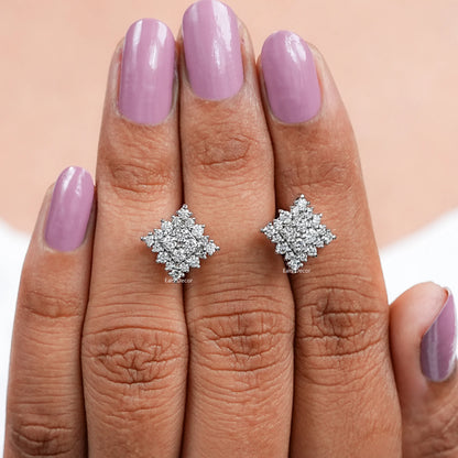 Square Shape Round Cut Halo Stud