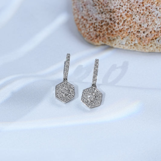 Hexagon Shape Round Diamond Drop Earrings